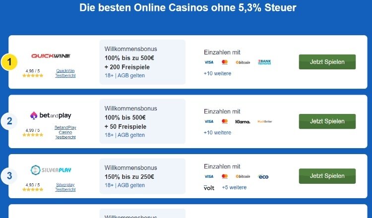 Beste Online Casinos ohne Steuer Liste