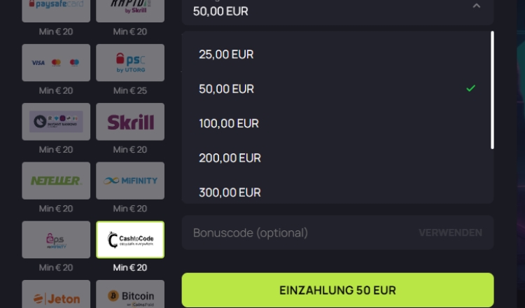 CashtoCode Einzahlung