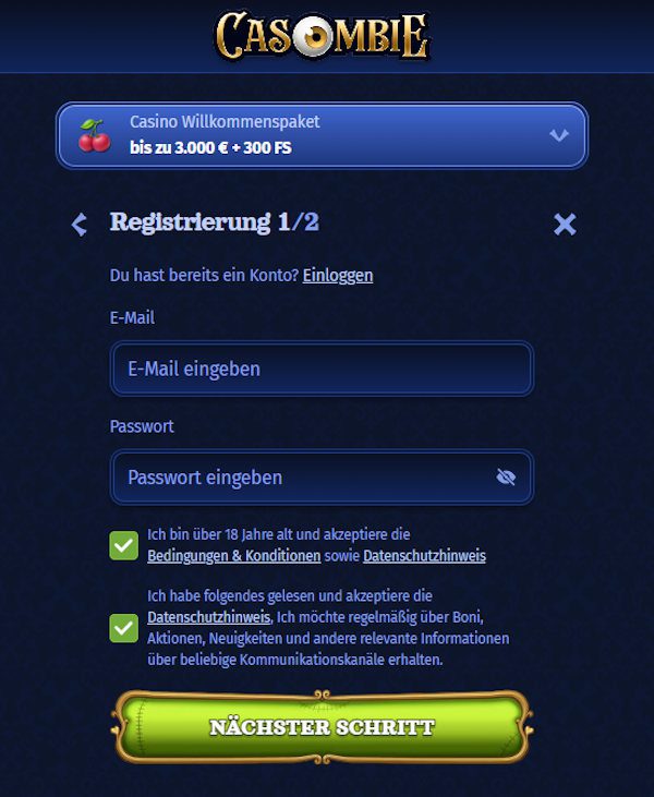 Casombie Anmeldeformular