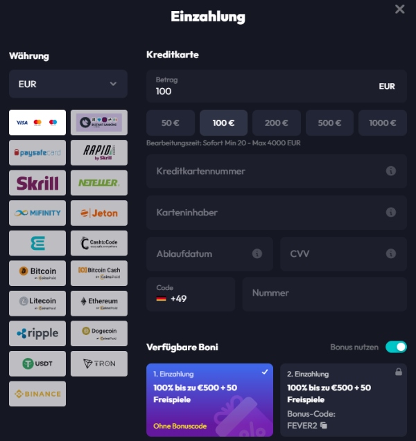 SpinFever Zahlungsmethoden