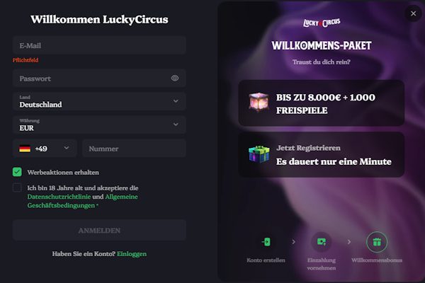 Lucky Circus Casino Anmeldeformular
