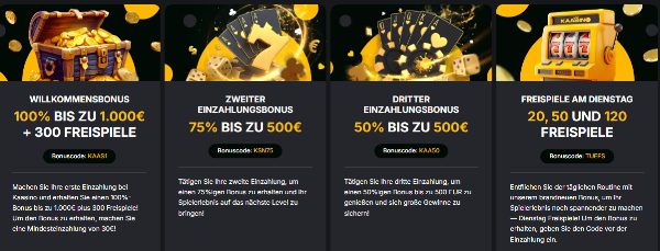 Kaasino Willkommenspaket 200€ + 300 FS