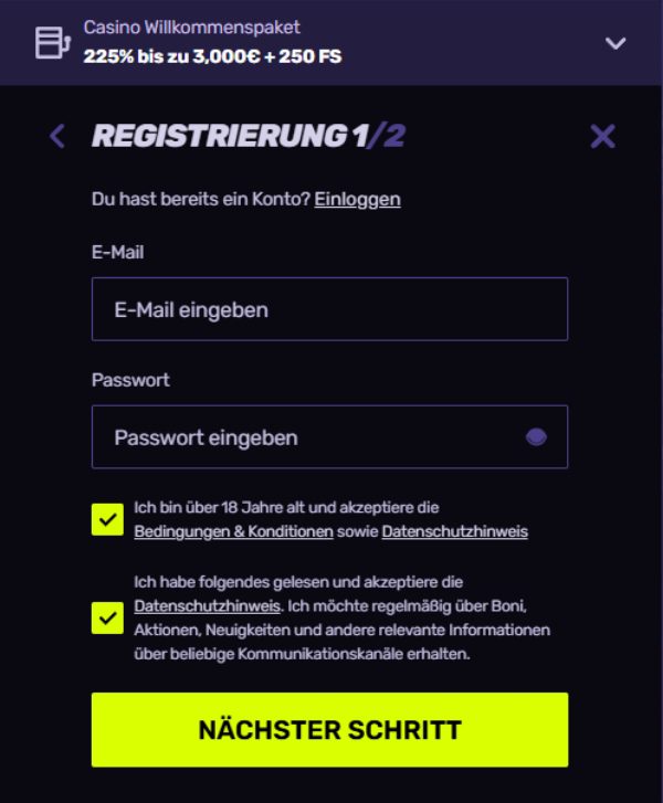 Sportuna Registrierungsformular