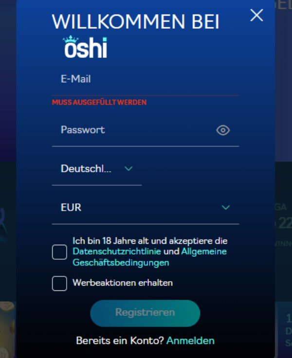 Oshi Casino Registrierung