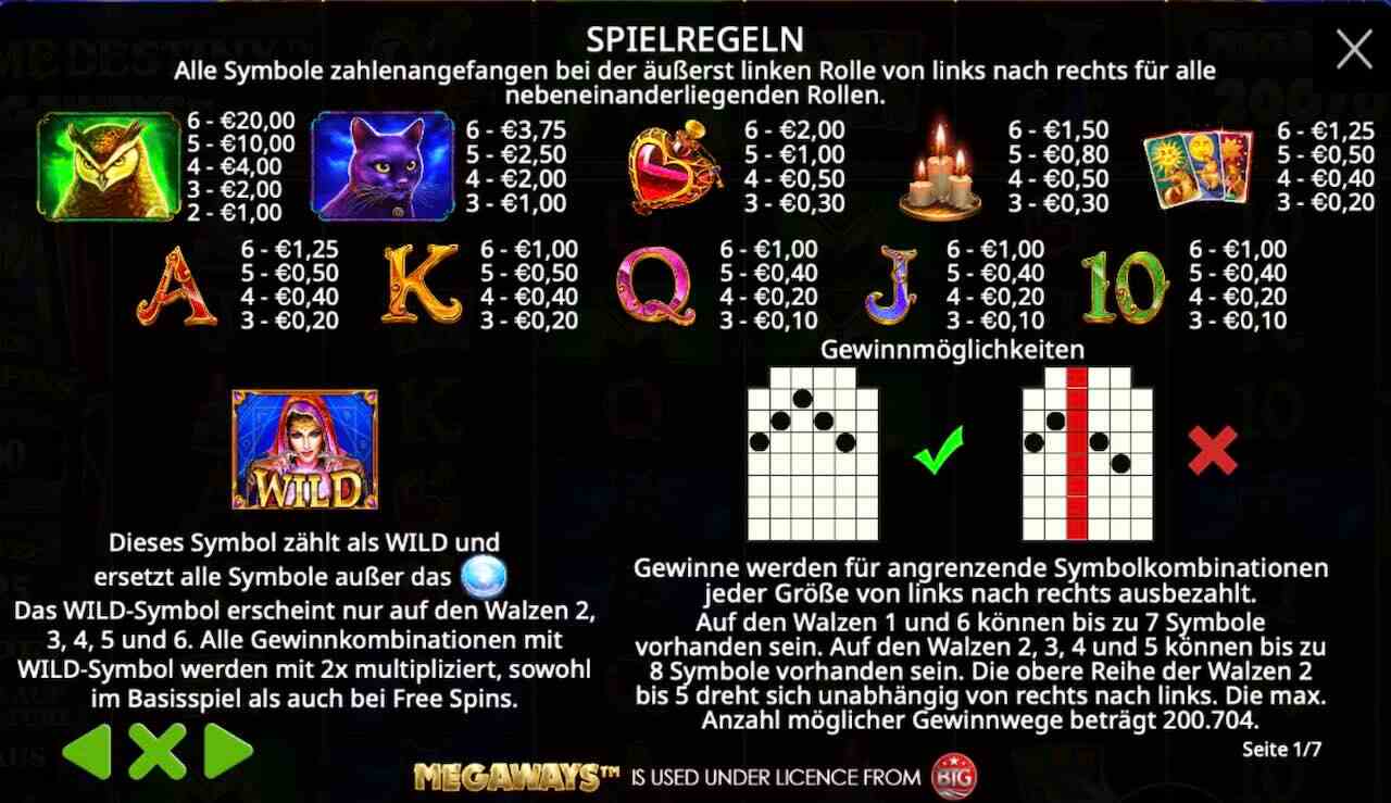 Madame Destiny Megaways Gewinntabelle