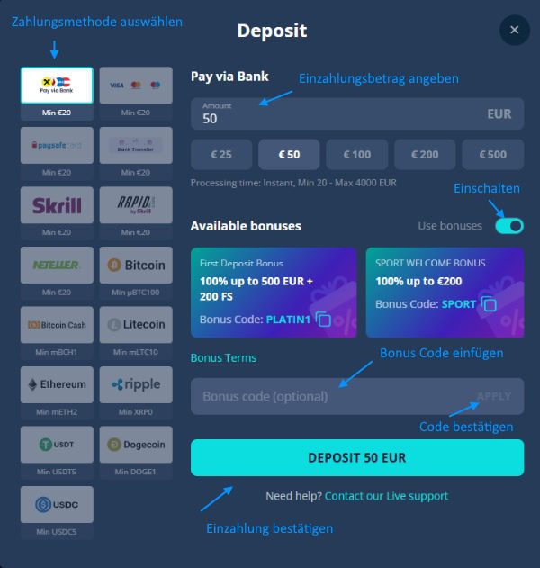 Platin Casino Bonus Code aktivieren Schritt für Schritt