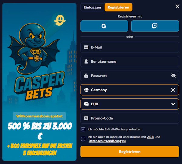 Casper Bets schnelle Registrierung