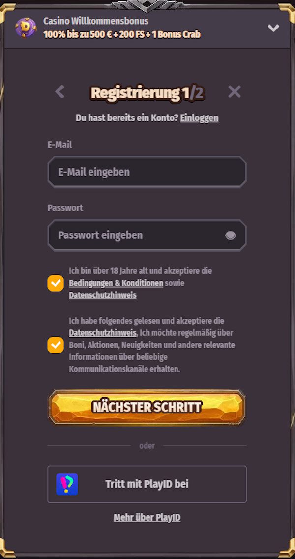 Schnelle Registrierung beim Dragonia Casino