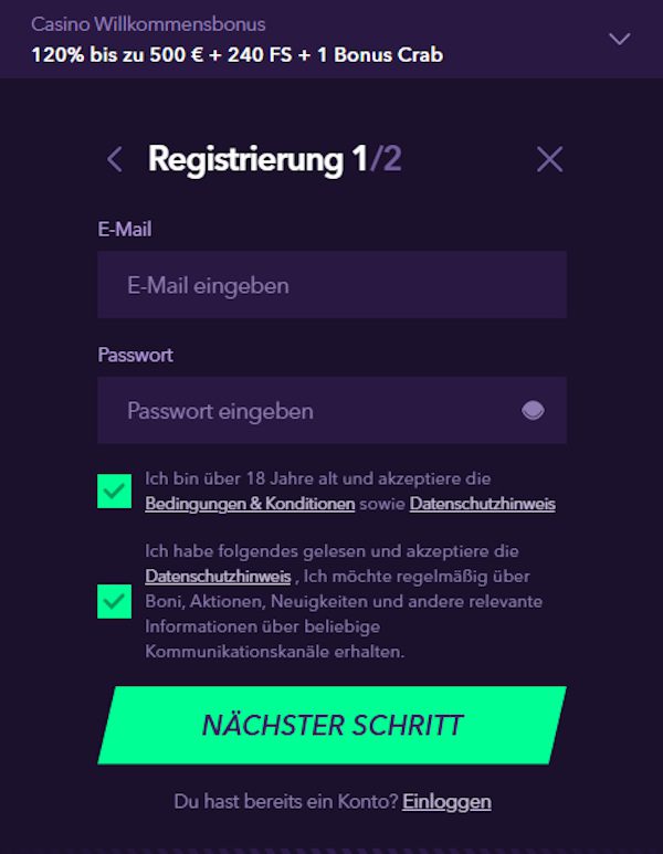 Anmeldeformular im Naobet Casino