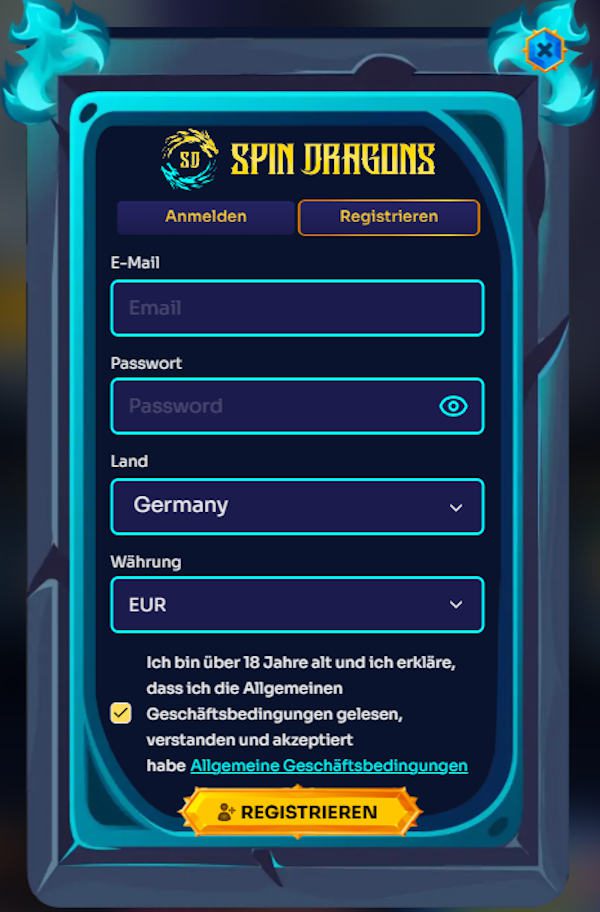 Anmeldeformular Spin Dragons Casino