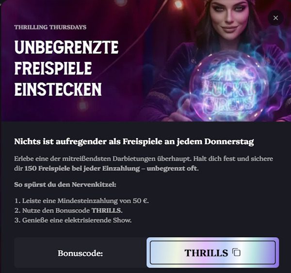 Bonus Code für Lucky Circus Thrilling Thursdays