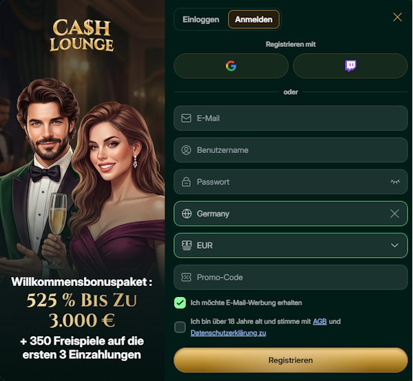 CashLounge Casino Anmeldeformular