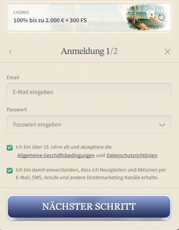 VipLuck Casino Anmeldeformular