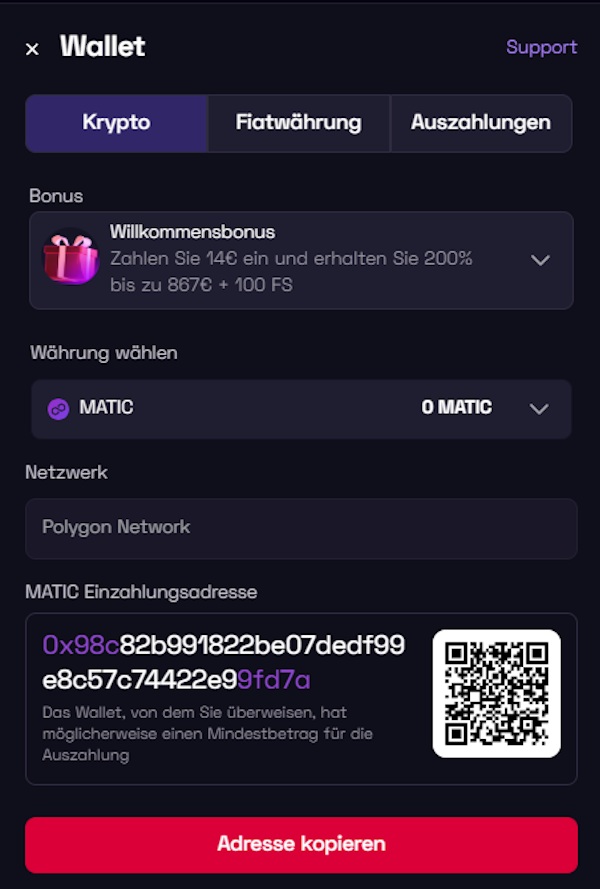 Einzahlung im Polygon Casino