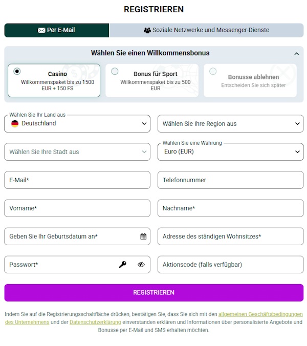 SpinBetter Casino Anmeldeformular